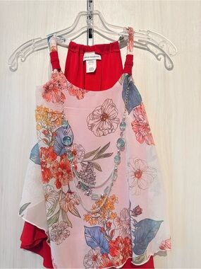 Red Tank with Pink Floral Chiffon Overlay